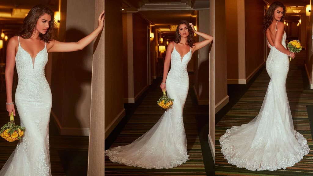 Custom Deep-V Lace Floral Wedding Dress
