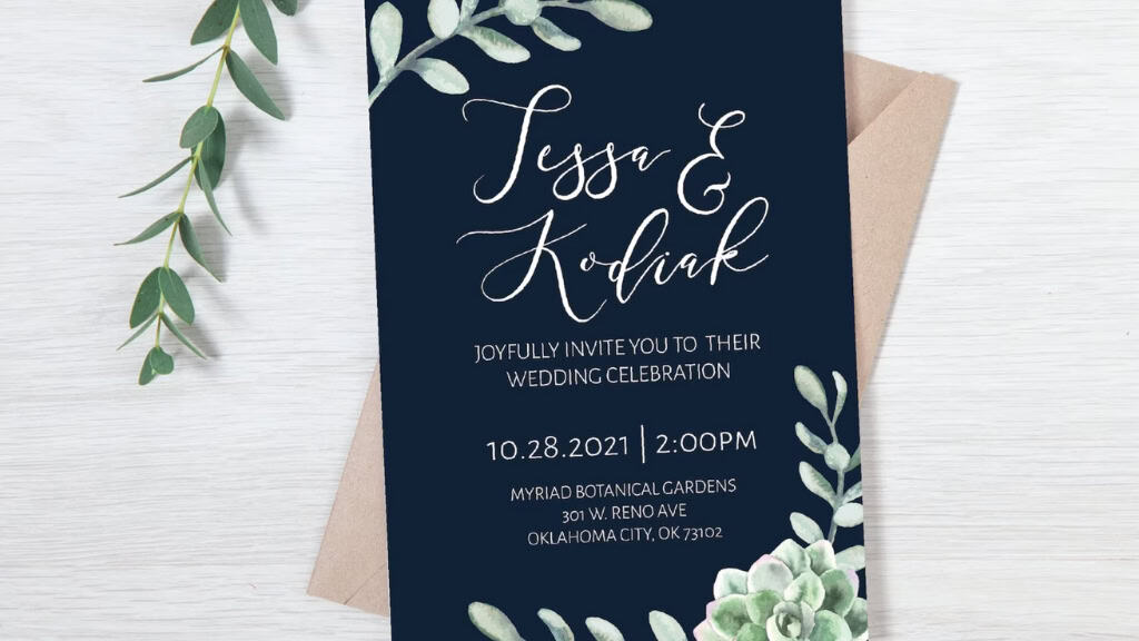 Navy and Green Succulent Wedding Invitation