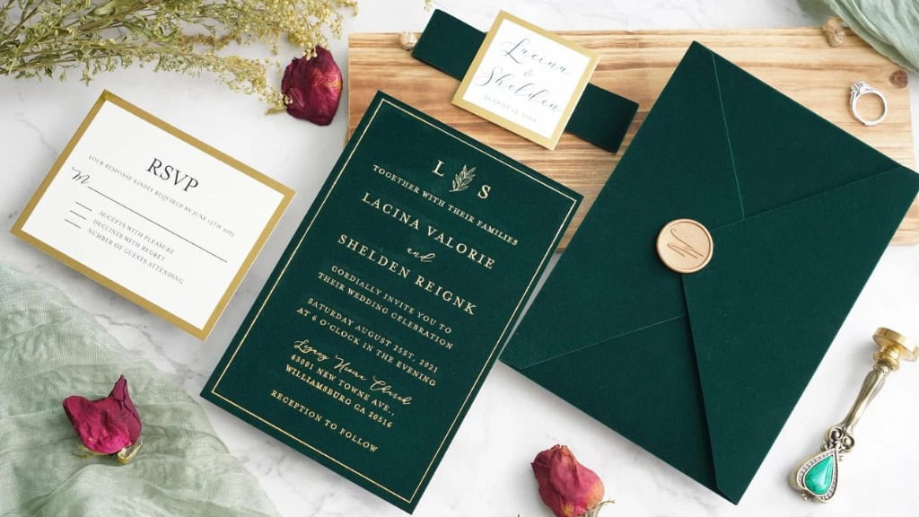 Emerald Green Velvet Foil Wedding Invitations