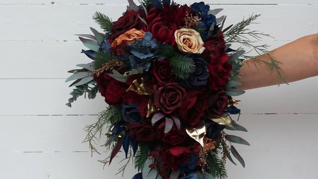 Winter Cascading Burgundy Navy Blue Bouquet