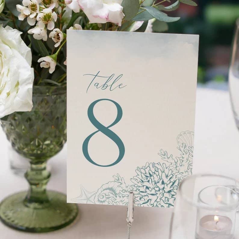Blue Ocean Wedding Table Number Card
