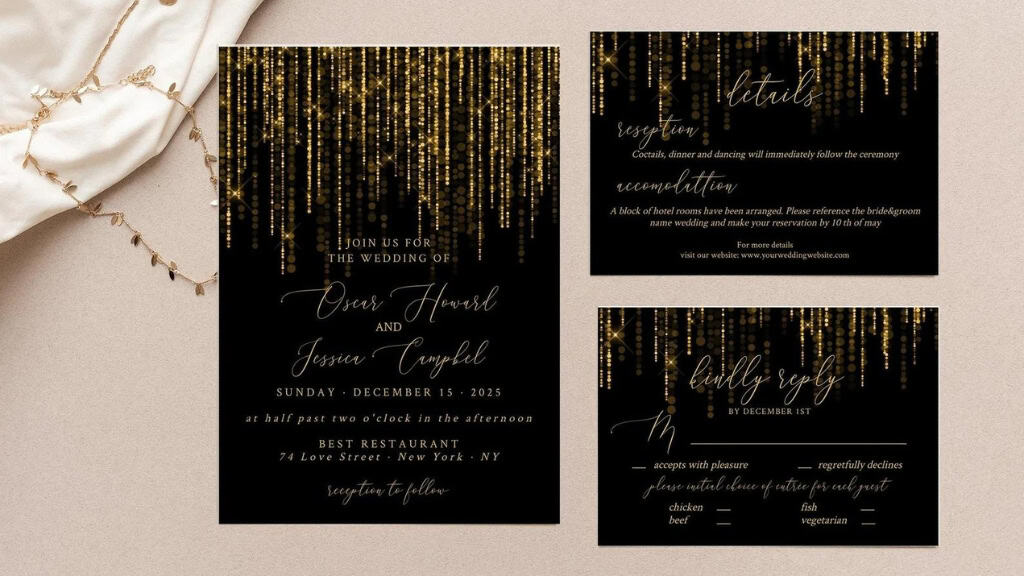 Black and Gold Editable Wedding Invitation Suite