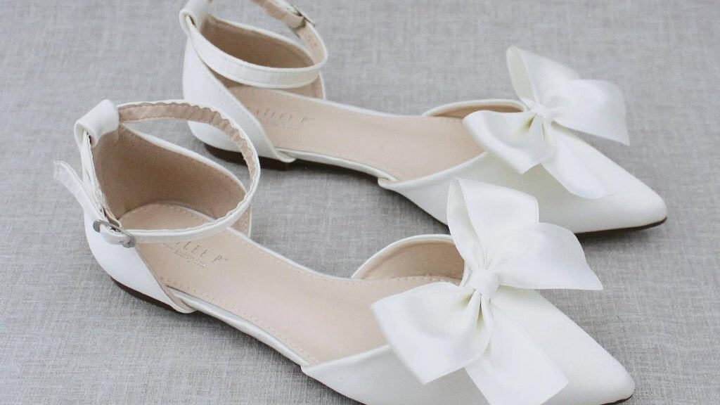 Ivory Satin Pointy Toe Flats with Bow