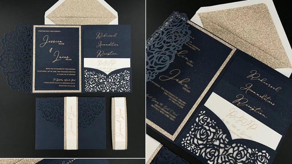 Lacy Navy and Gold Foil Wedding Invitation