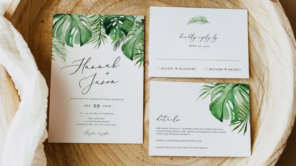 Tropical Wedding Invitation Template with Palm Leaves