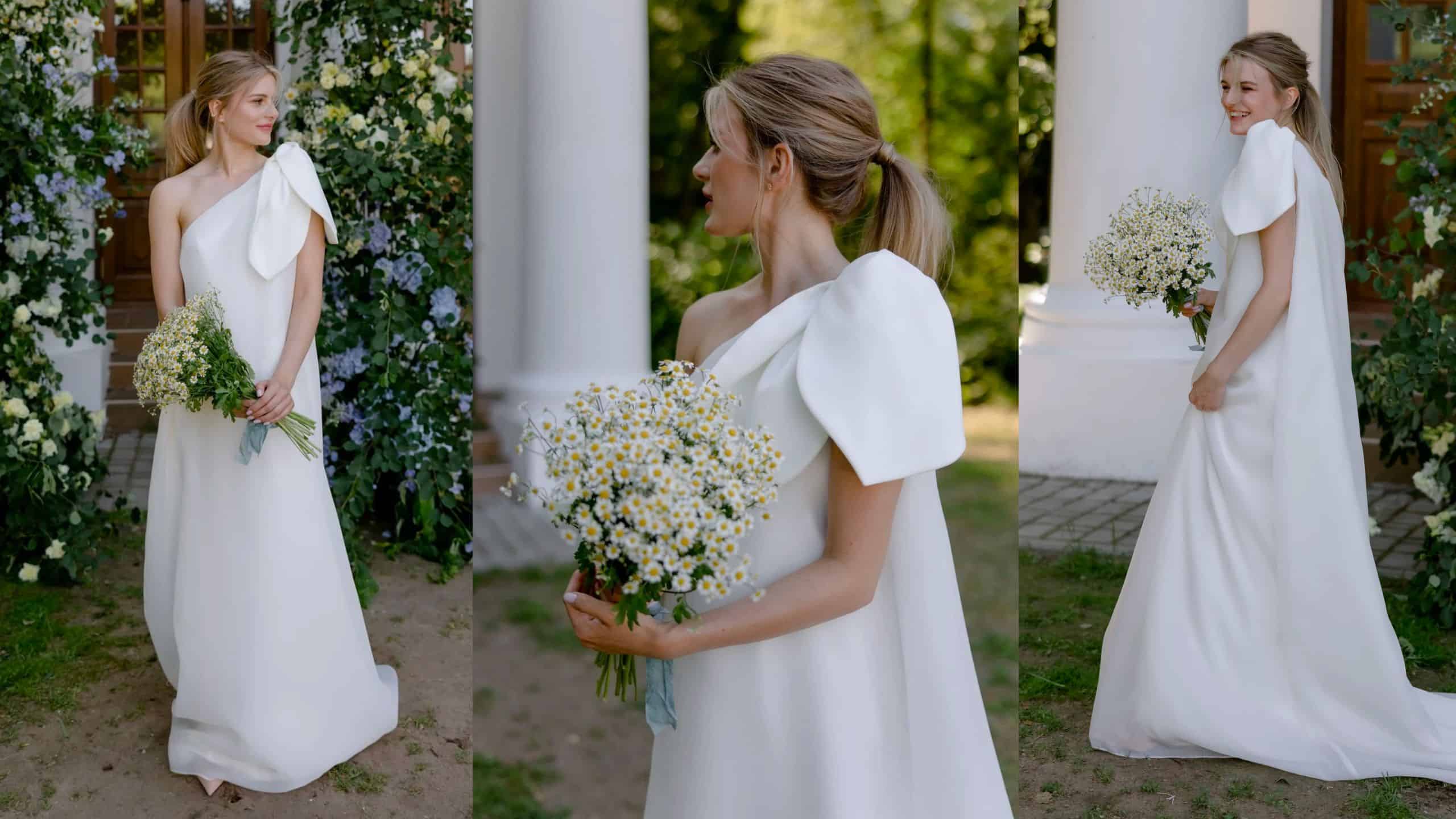 One Shoulder Wedding Dress with Floral Accent