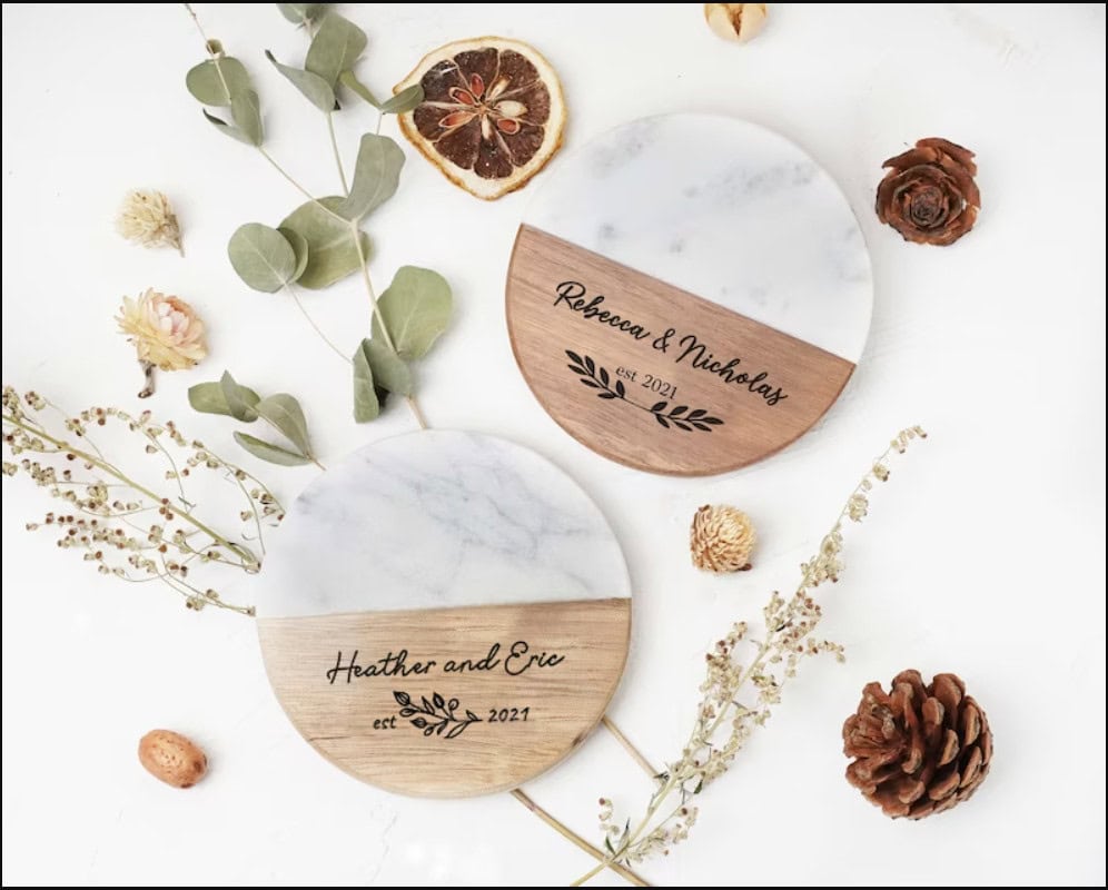 Custom Engraved Marble and Wood Coasters