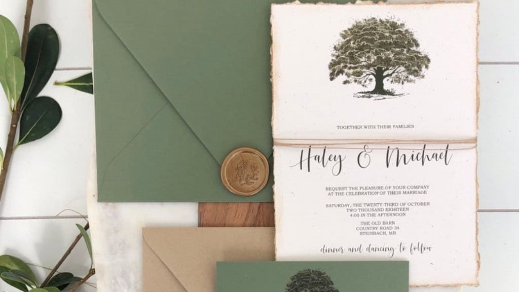 Oak Tree Rustic Green Wedding Invitation