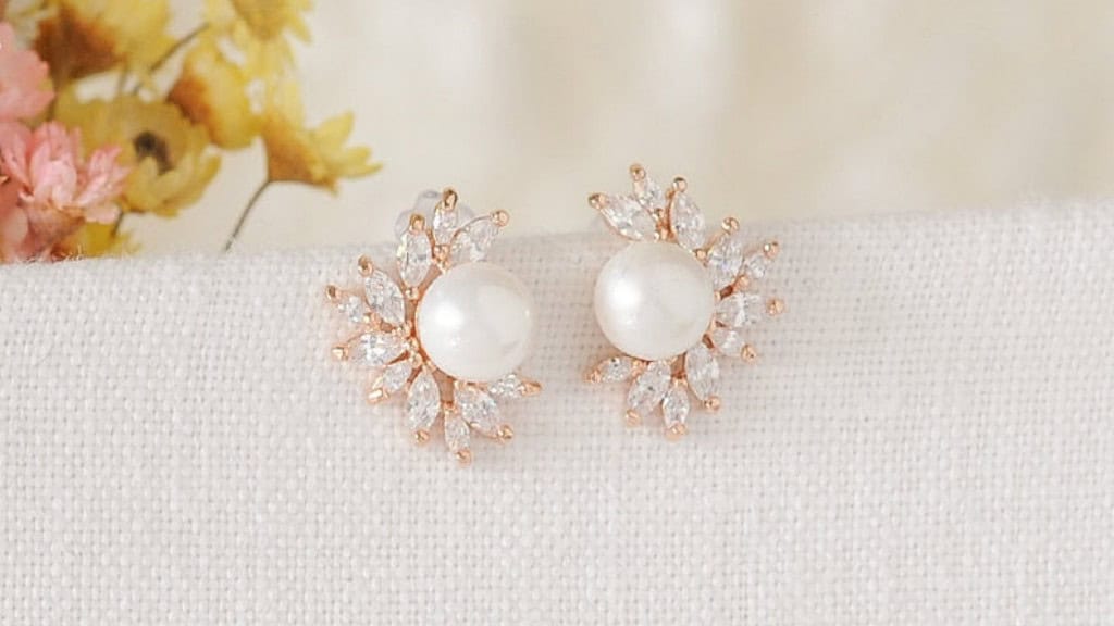 Bridal Stud Earrings with Leaf Pendant