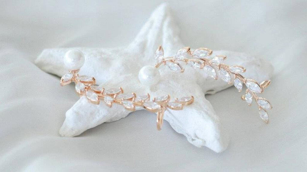 Gold Pearl Leaf Ear Climbers