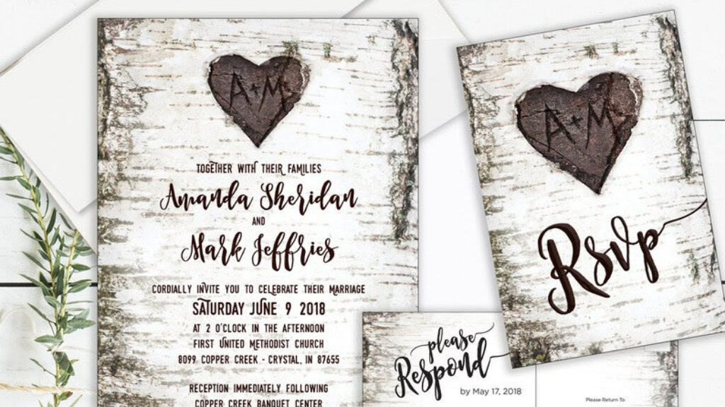 Carved Birch Heart Wedding Invitation Set