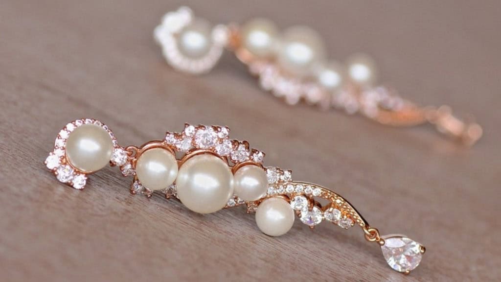 Rose Gold Crystal Pearl Bridal Earrings