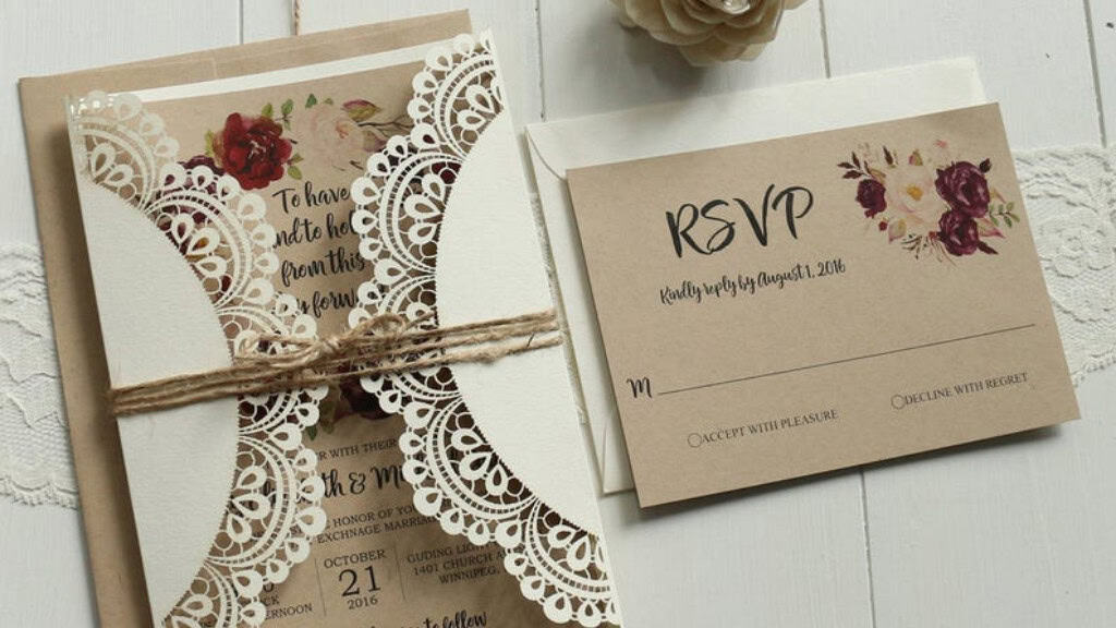 Burgundy Rustic Laser Cut Wedding Invitation