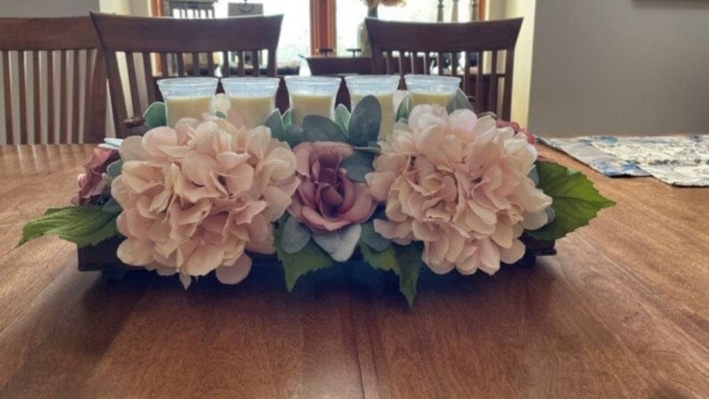 Floral Candle Centerpiece with Wooden Tray