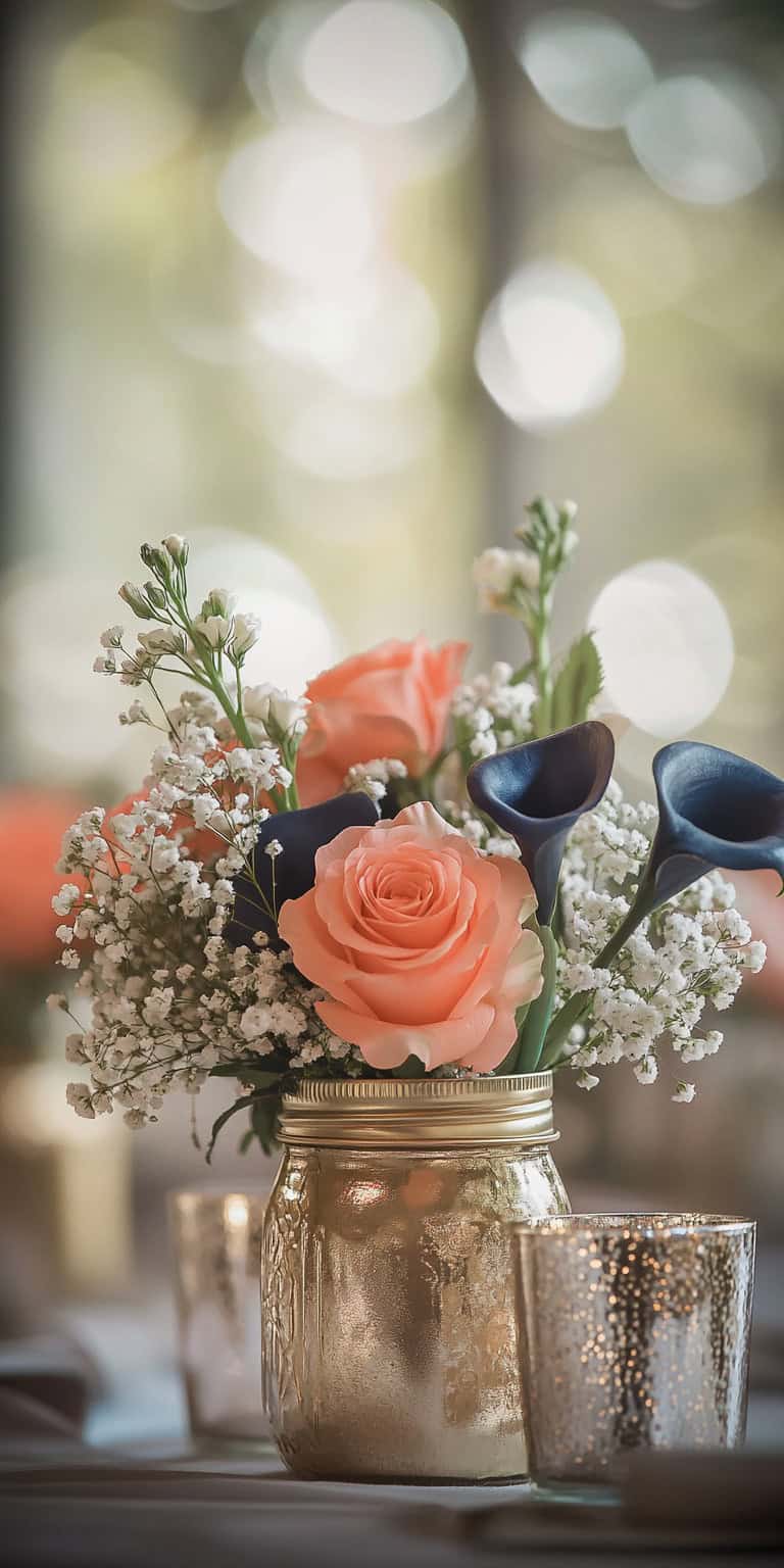 Coral and Navy Mason Jar Centerpieces 1