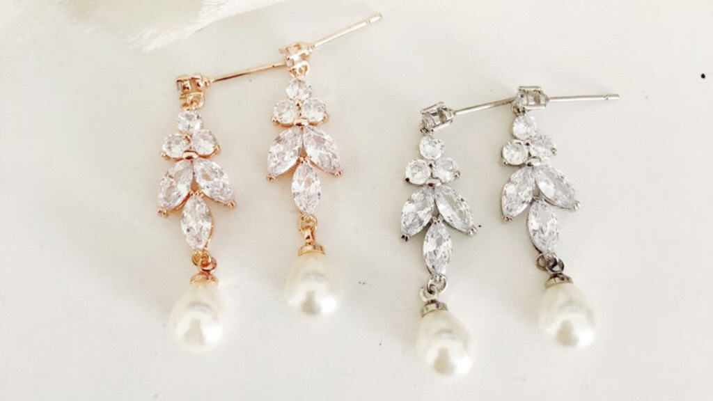 Diamond Leaf Drop Wedding Earrings