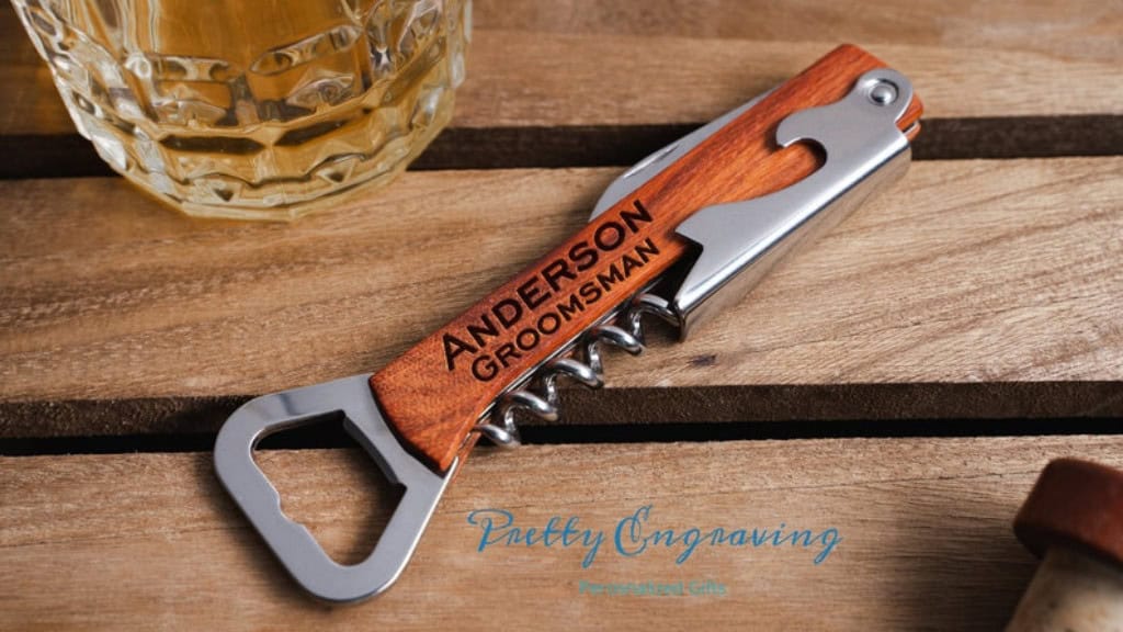 Engraved Wood Handle Corkscrew Opener