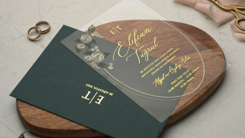 Floral Gold and Green Acrylic Wedding Invitations