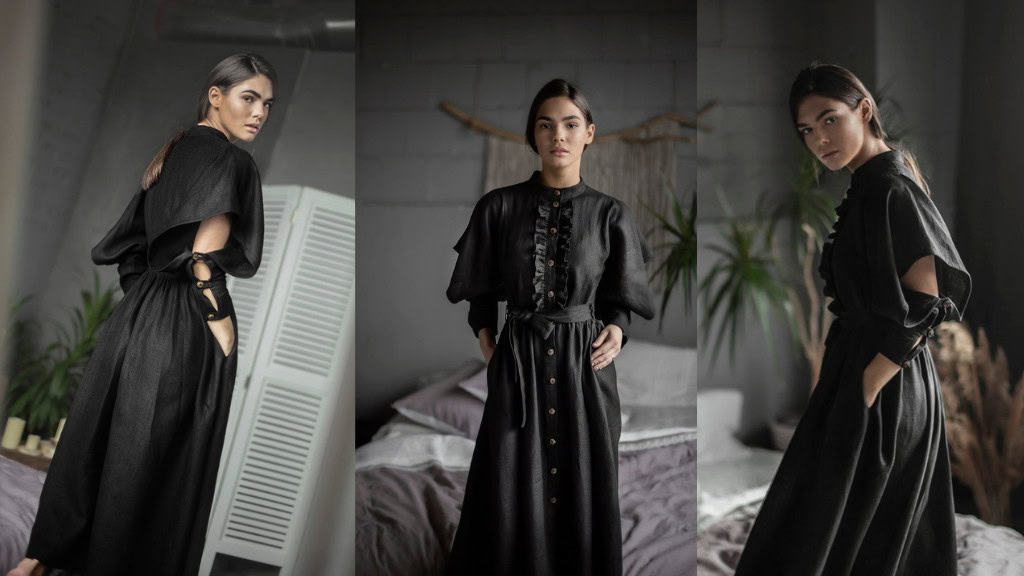 Romantic Black Linen Fit & Flare Dress