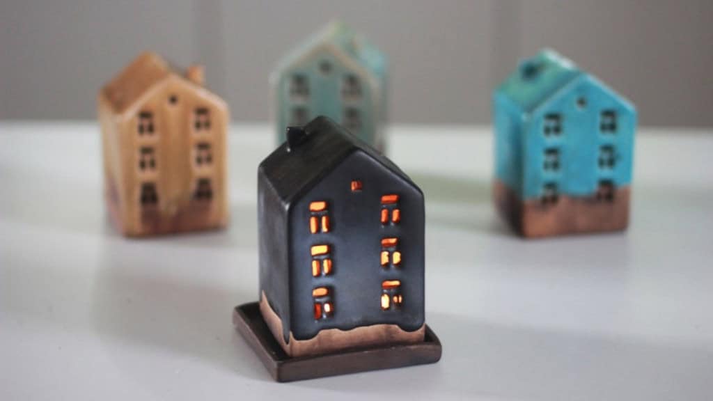 Small Ceramic House Candle Holder with Tray