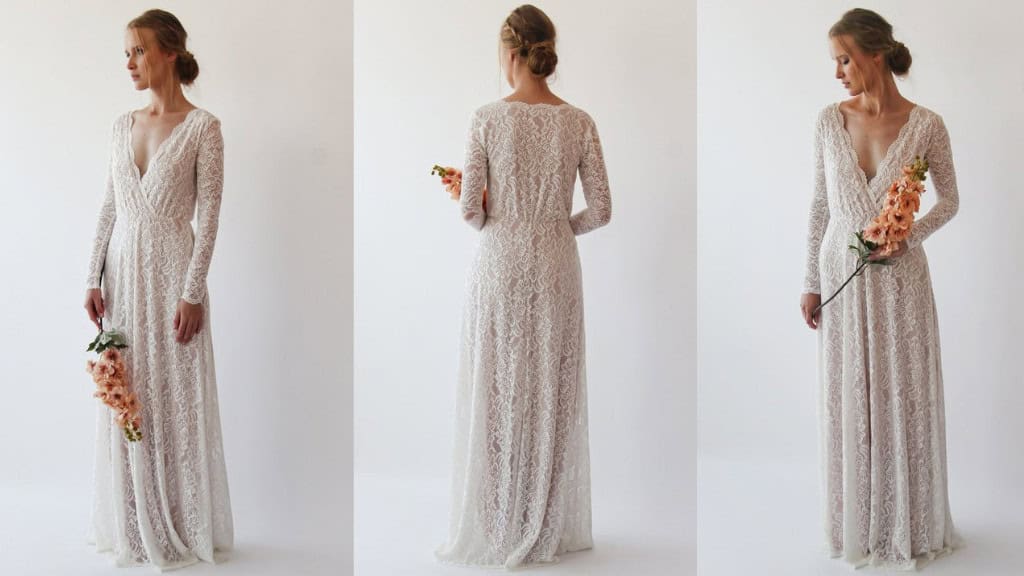 Vintage Nude Lace Long-Sleeve Wedding Dress