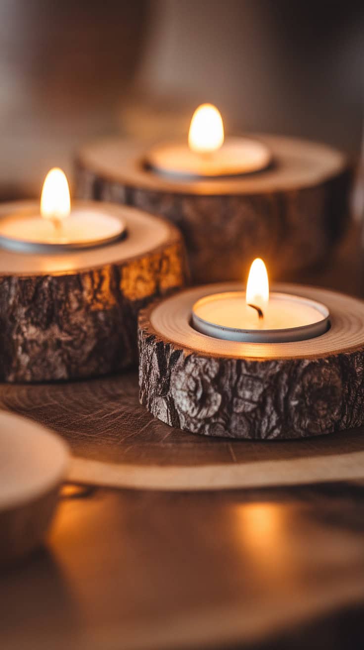 a macro shot of three wooden tea light