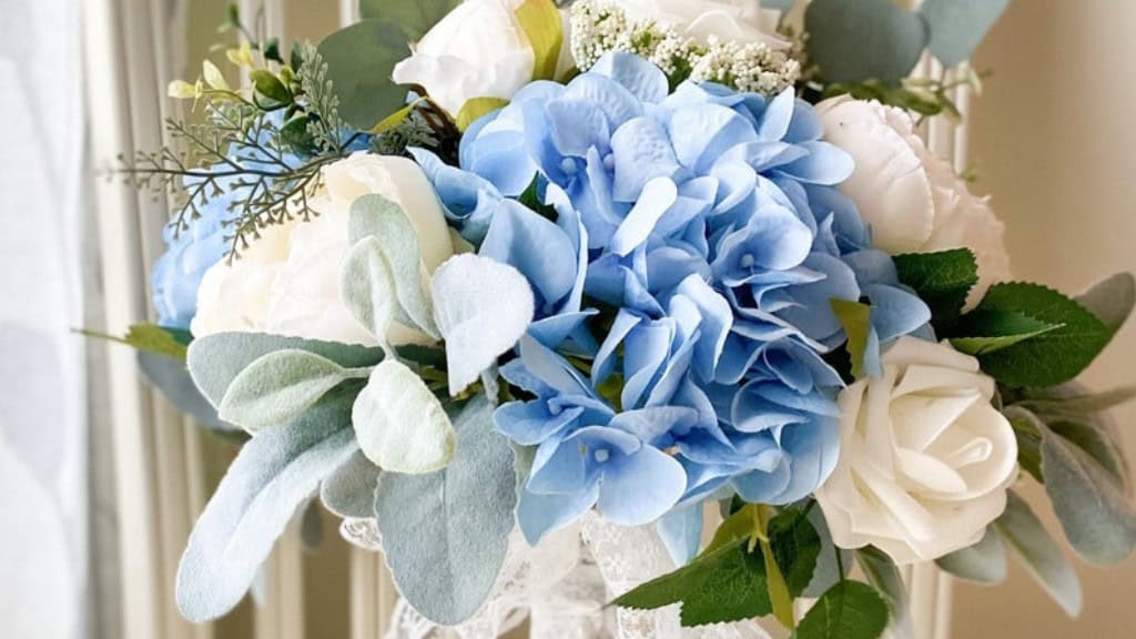 Boho Wedding Bouquet with White Roses & Blue Hydrangea