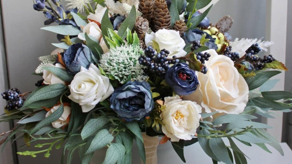 Navy Ivory Winter Wedding Bouquet with Pines