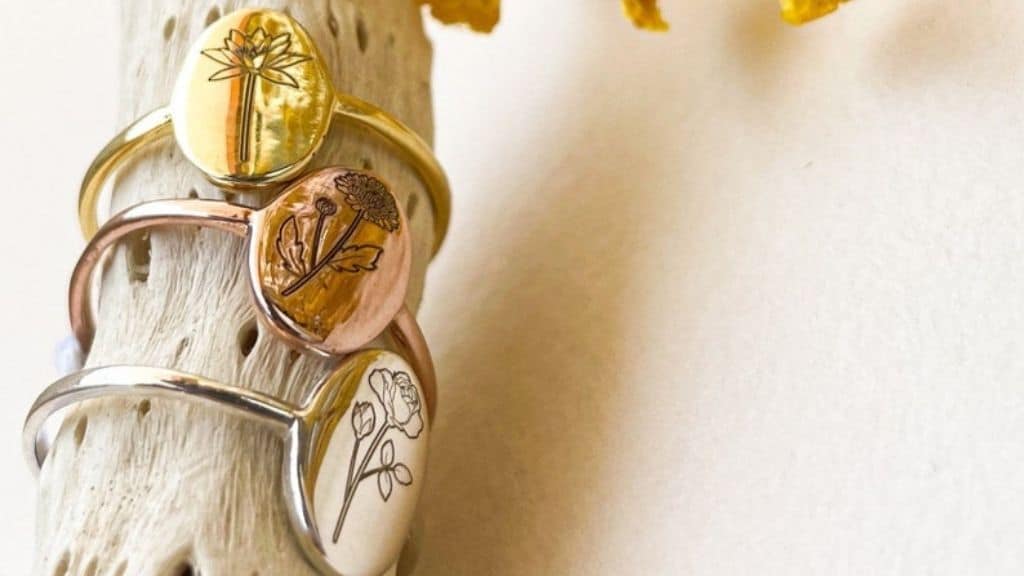 14K Gold Birth Flower Ring with Sterling Silver