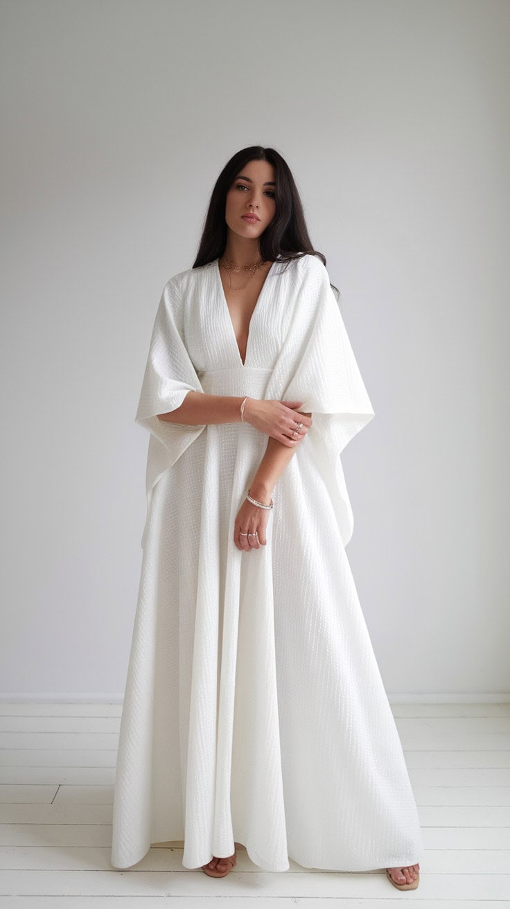 a woman standing against a plain white