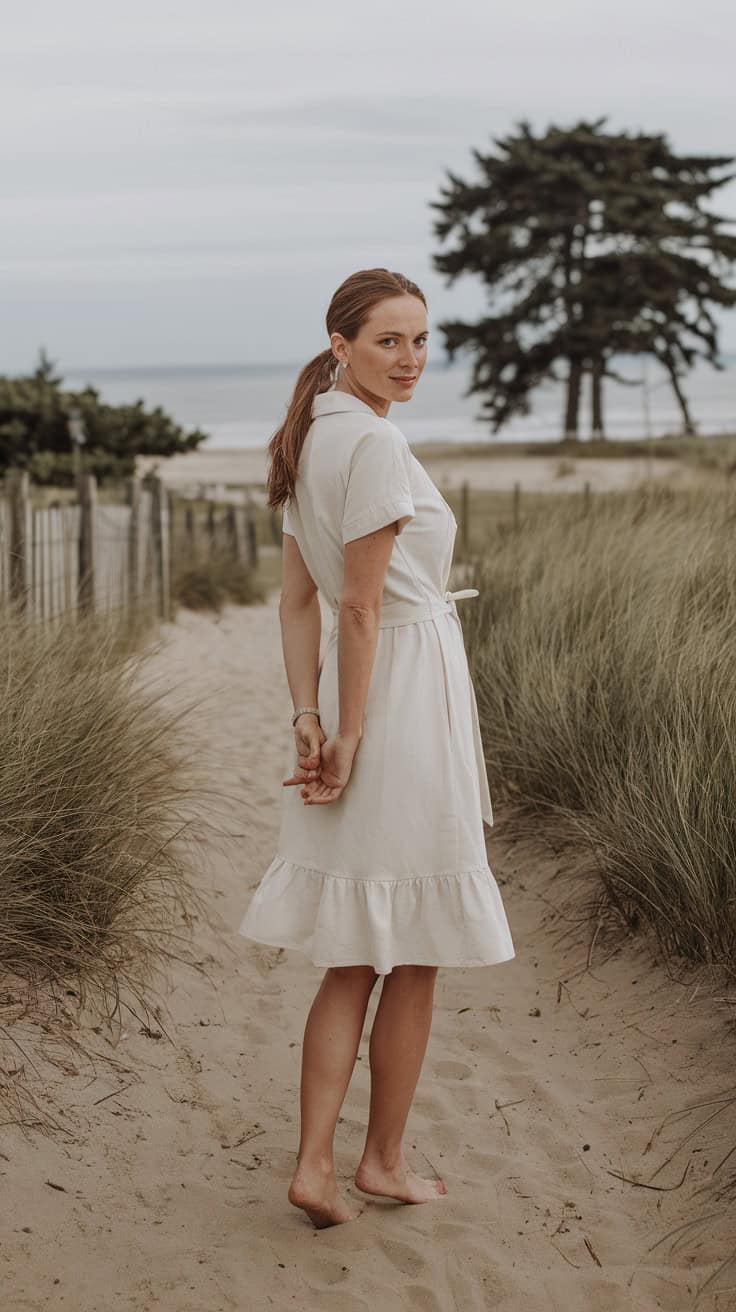 a woman standing on a sandy pathway