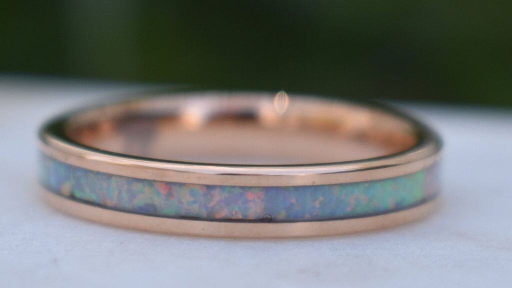 Rose Gold Tungsten Ring with White Opal