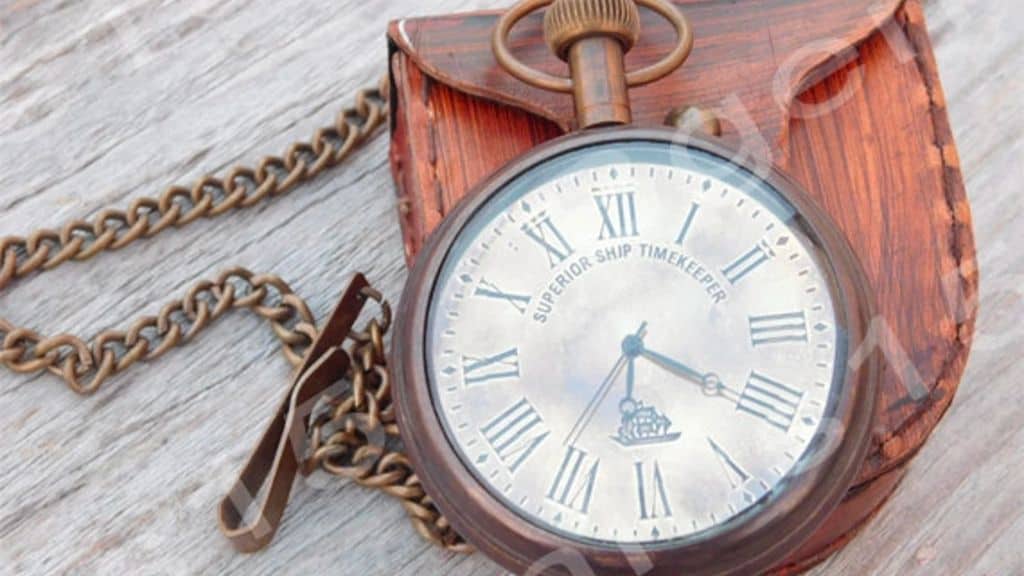 Brass Pocket Watch with Chain and Leather Case