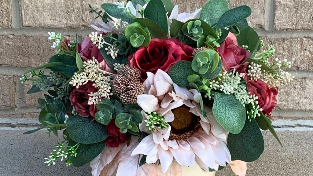 Blush and Burgundy Flowers in White Pumpkins
