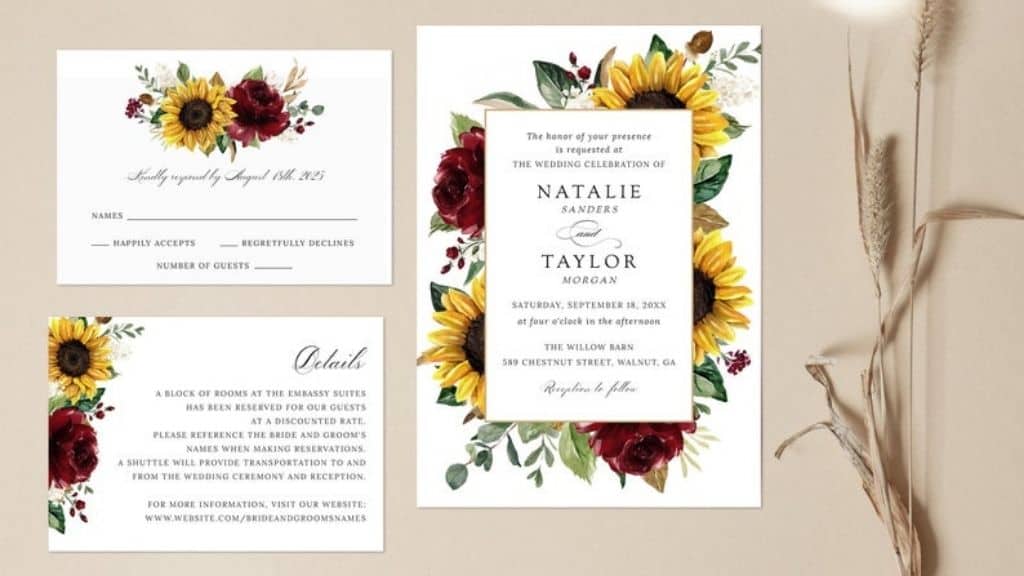 Sunflowers Burgundy Wedding Invitation by JetTemplate