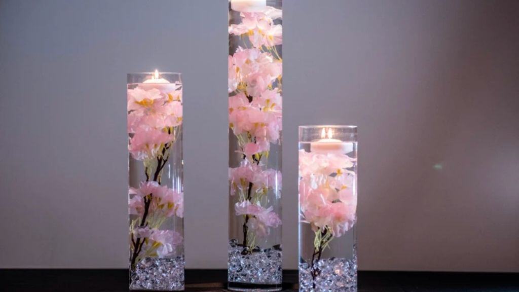 Cherry Blossom Crystal Vases with Floating Candles
