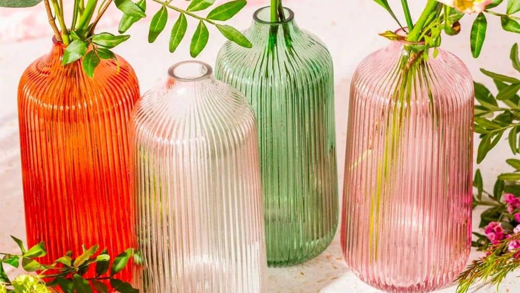 Tall Fluted Glass Vase with Botanical Glaze