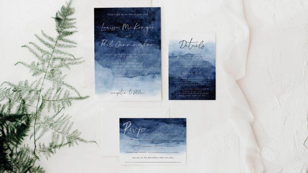 Navy Ombre Watercolor Wedding Invitation Set