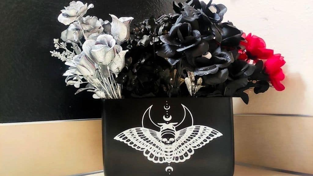 Black Glass Vase with Skull Death Moth