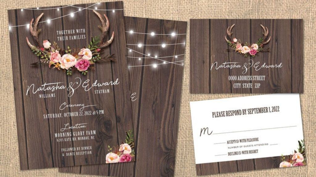 Deer Antler Wood Wedding Invitations