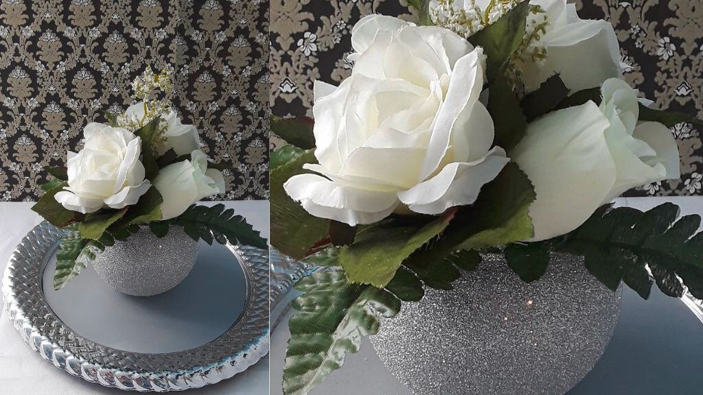 Silver Glitter Bowl Vase with White Roses