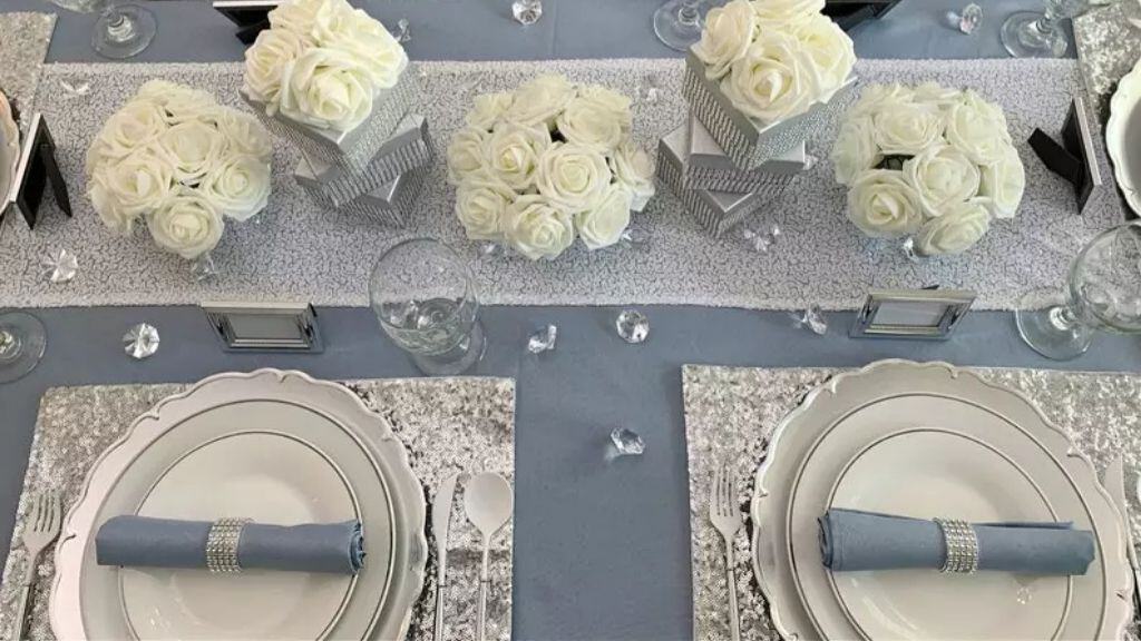 Ivory, Silver, and Light Blue Tablescape