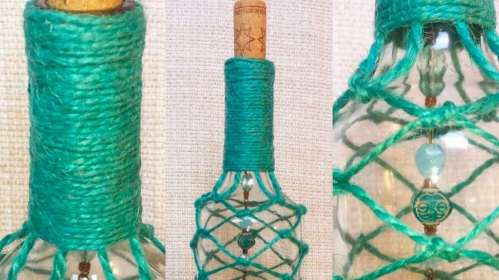 Teal Knotted Twine Recycled Wine Bottle