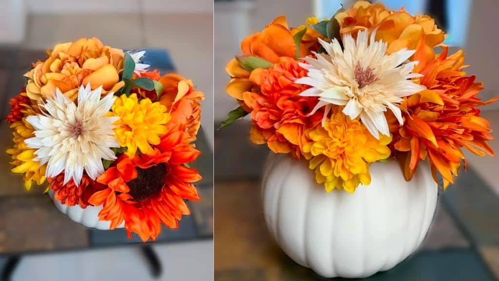 Orange Floral Arrangement in White Pumpkin Vase