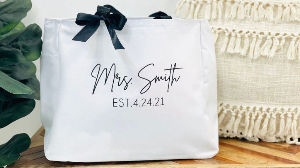 Personalized Bridal Tote Bag with Custom Ribbon