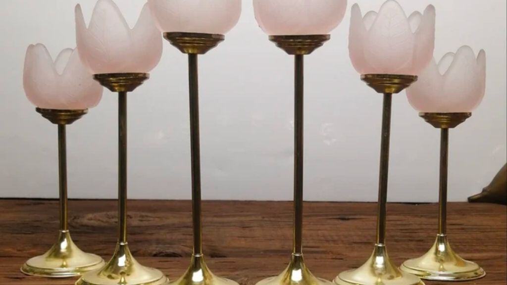 Pink Glass Tulip Tealight Candle Holders Set