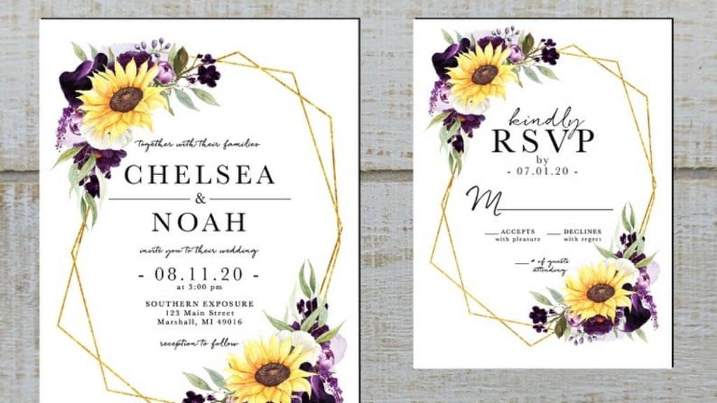 Purple Flowers and Sunflower Wedding Invitation