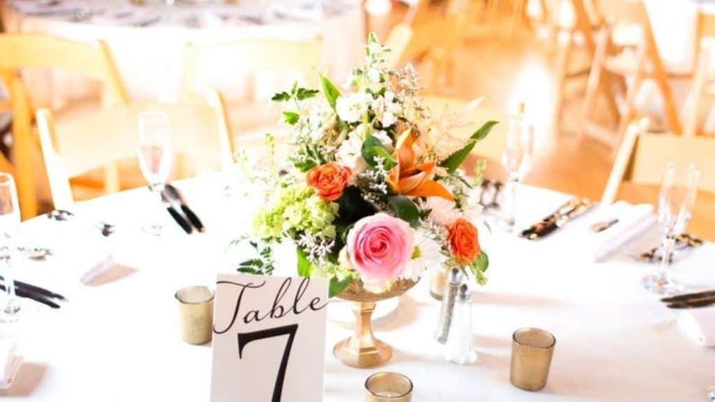 Roses and Peonies Wedding Centerpiece in Gold Vase