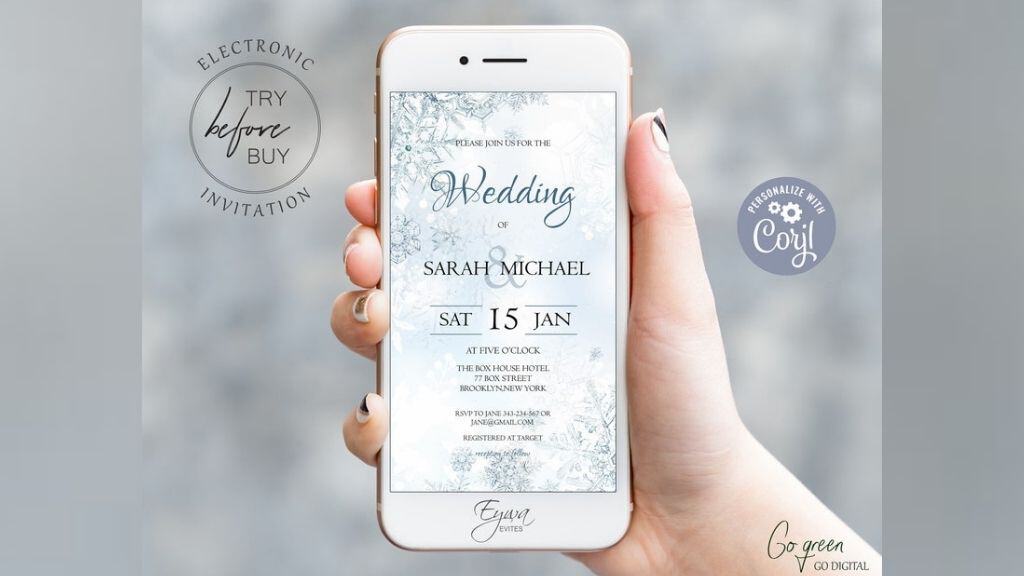 Winter Wedding E-vite with Frozen Snowflakes