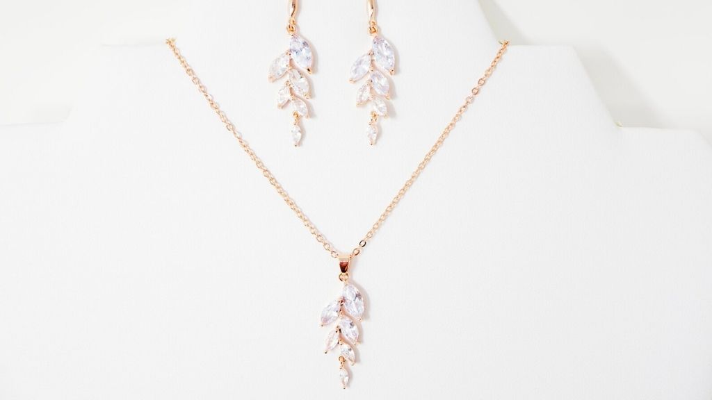 Simple Crystal Leaves Necklace and Earrings